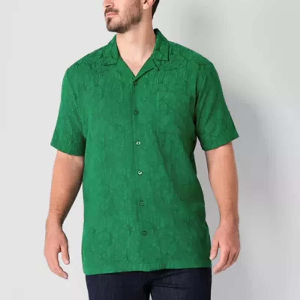 Shaquille O'Neal XLG Jacquard Camp Mens Short Sleeve Regular Fit Big and Tall Button-Down Shirt