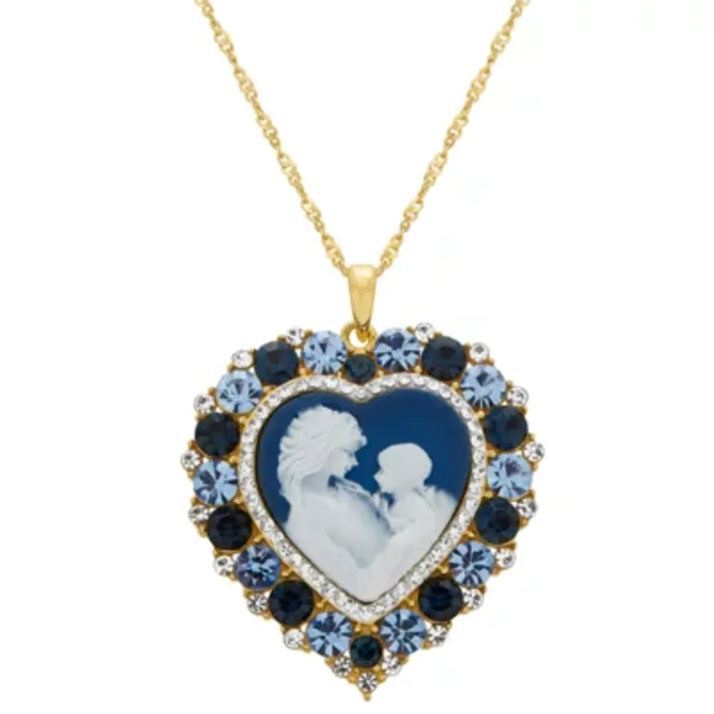 Womens Simulated Blue Crystal 14K Gold Over Silver Cameo Heart 18 Inch Pendant Necklace