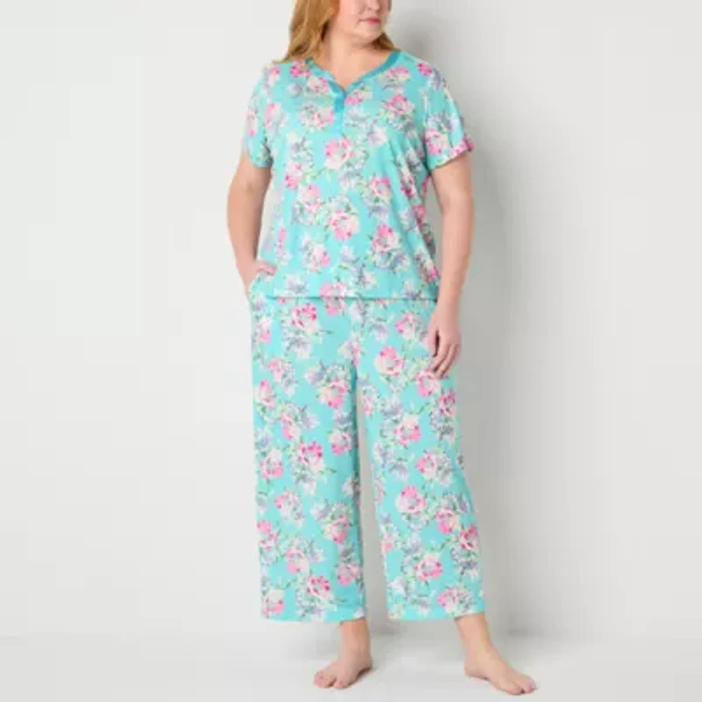 Adonna Womens Round Neck Short Sleeve 2-pc. Plus Pajama Sets