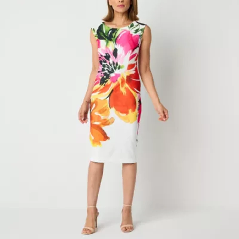 Maya Brooke Womens Short Sleeve Midi Floral Sheath Dress