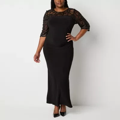 Brianna Milay Womens Beaded 3/4 Sleeve Evening Gown Plus