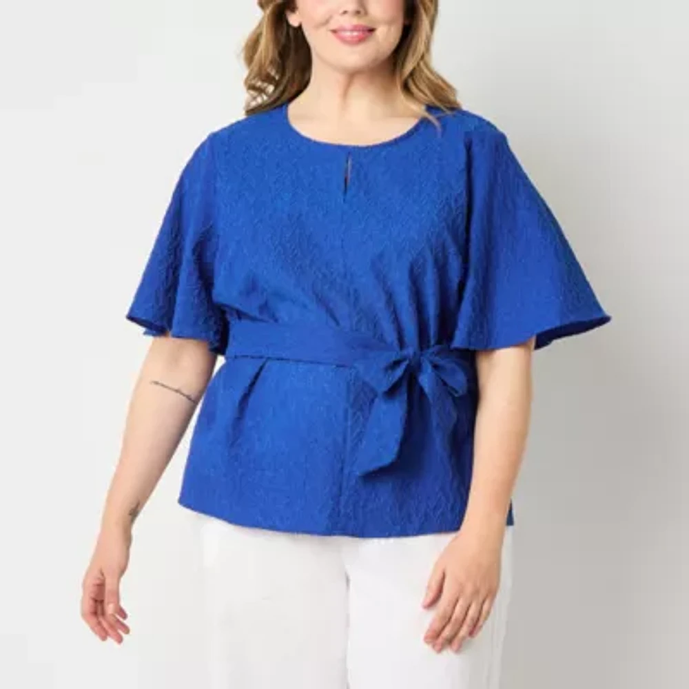 Liz Claiborne Womens Round Neck Short Sleeve Plus Blouse