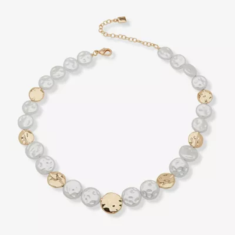 Worthington Gold Tone Beaded Womens White 17 Inch Collar Necklace