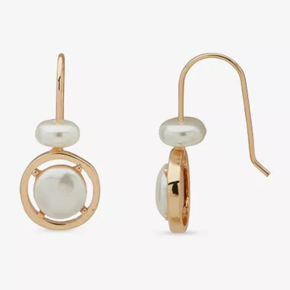 Worthington Gold Tone Womens White Simulated Pearl Oval Drop Earrings