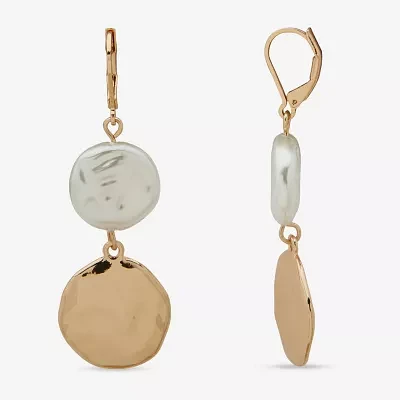 Worthington Gold Tone Coin Womens White Simulated Pearl Oval Drop Earrings