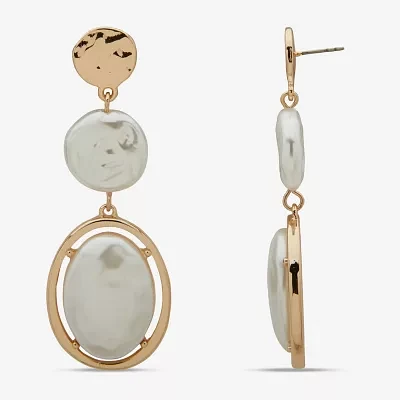 Worthington Gold Tone Womens White Simulated Pearl Oval Drop Earrings