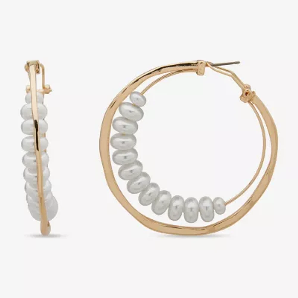 Worthington Gold Tone Beaded Womens White Simulated Pearl 55.8mm Hoop Earrings