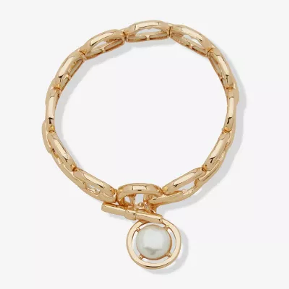 Worthington Gold Tone Toggle Womens White Simulated Pearl Stretch Bracelet