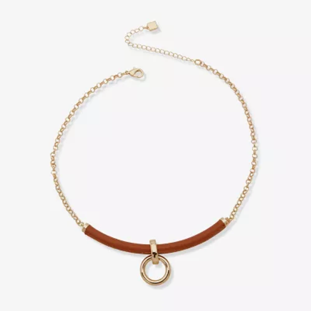 Worthington Gold Tone Cognac Leather Frontal Womens 17 Inch Collar Necklace
