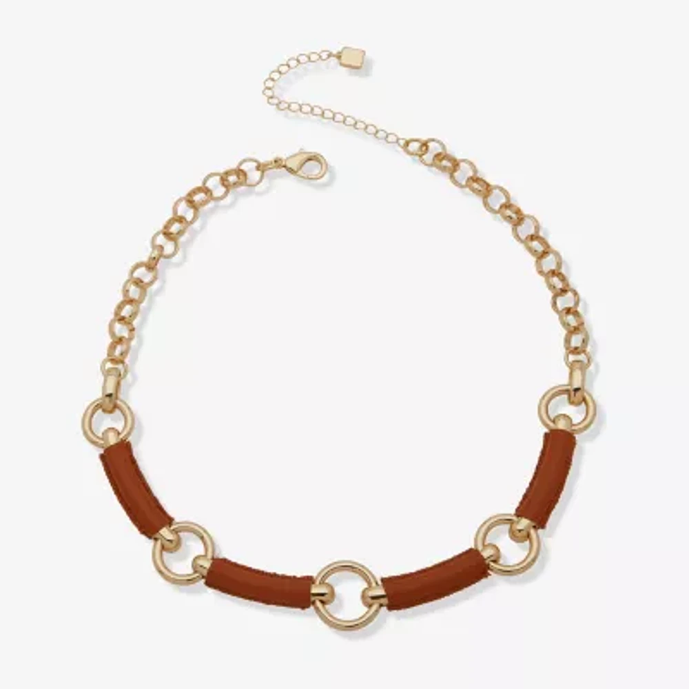 Worthington Gold Tone Cognac Leather Womens 17 Inch Collar Necklace