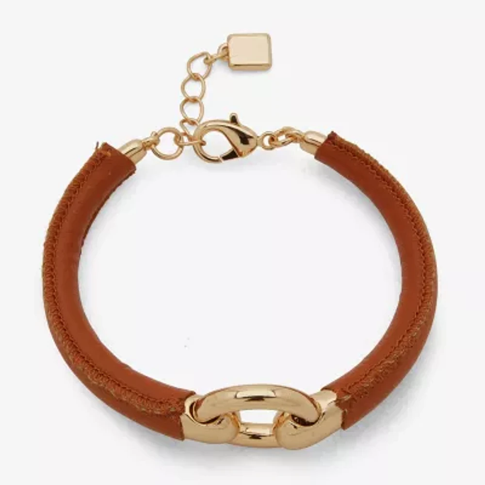 Worthington Gold Tone Cognac Leather Womens Cuff Bracelet