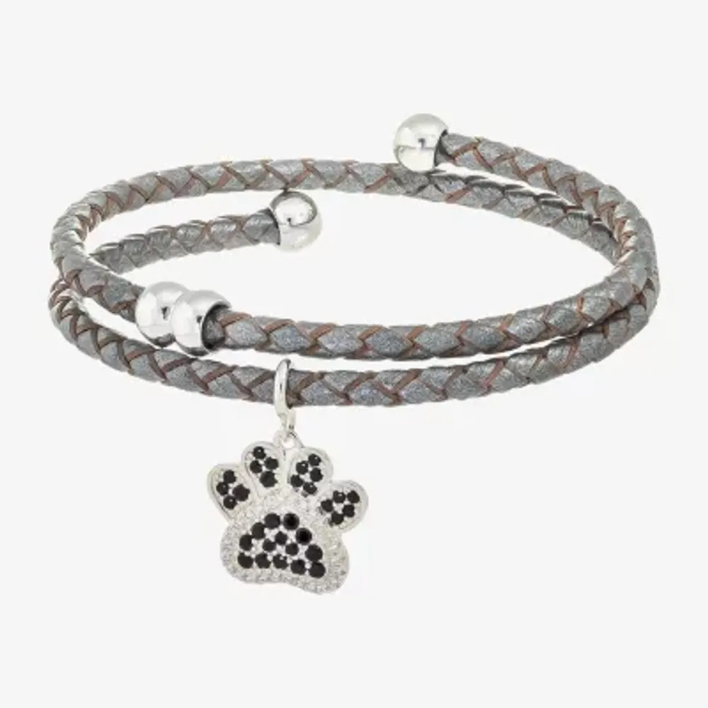 Sparkle Allure Leather Coil Paw Charm Womens Black Cubic Zirconia Pure Silver Over Brass Wrap Bracelet