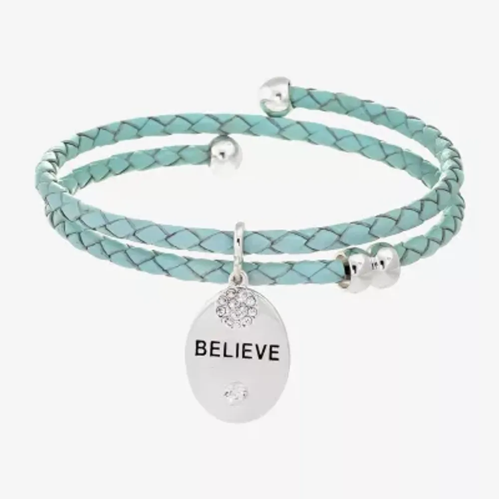 Sparkle Allure Blue Leather Coil Believe Womens Cubic Zirconia Pure Silver Over Brass Wrap Bracelet