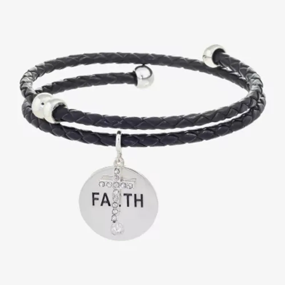 Sparkle Allure Leather Coil Faith Womens Cubic Zirconia Pure Silver Over Brass Wrap Bracelet