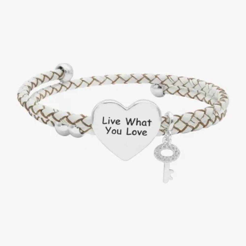 Sparkle Allure White Leather Coil Womens Cubic Zirconia Pure Silver Over Brass Wrap Bracelet
