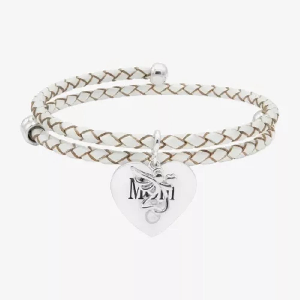 Sparkle Allure White Leather Coil Mom Womens Cubic Zirconia Pure Silver Over Brass Wrap Bracelet
