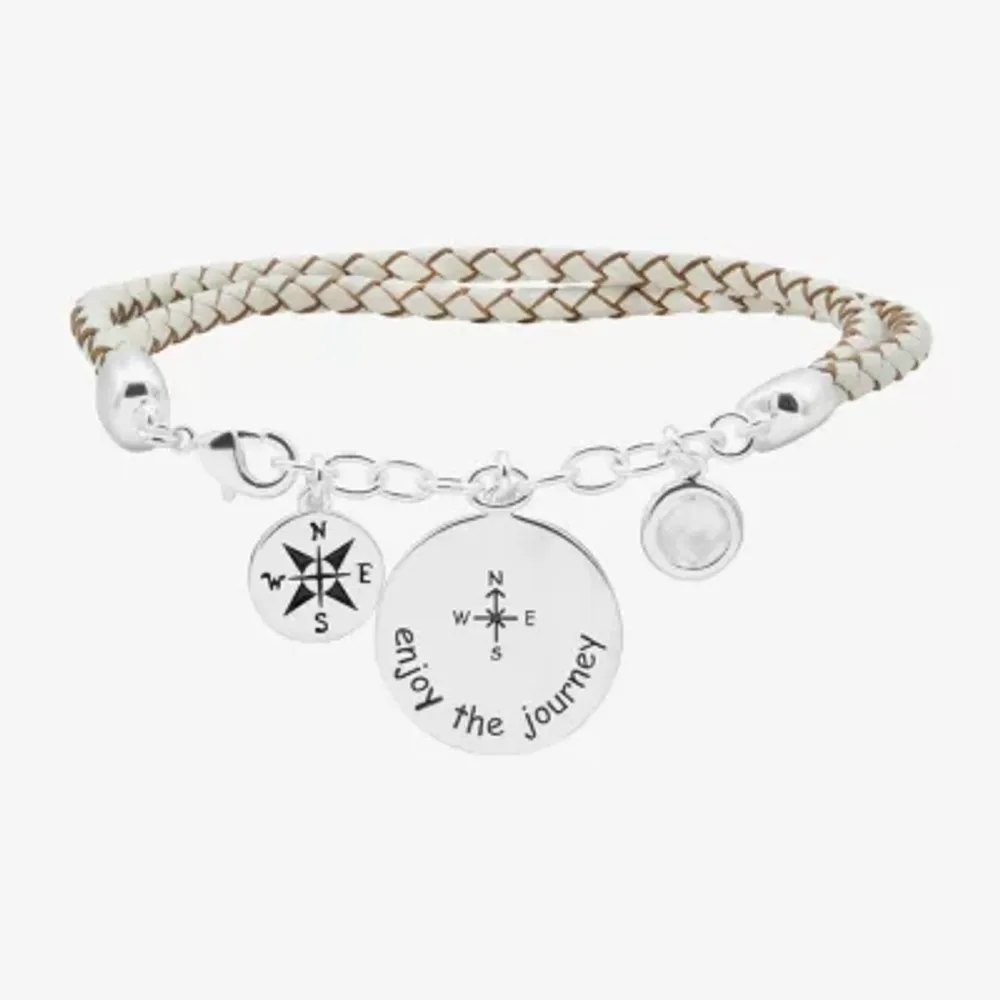 Sparkle Allure White Leather Compass Womens Cubic Zirconia Pure Silver Over Brass Round Charm Bracelet