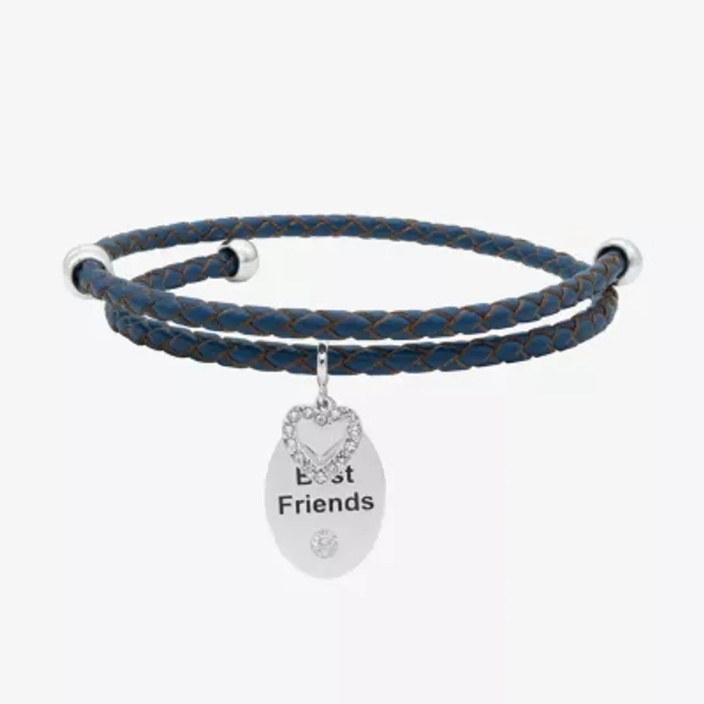 Sparkle Allure Navy Blue Leather Coil Best Friend Womens Cubic Zirconia Pure Silver Over Brass Heart Oval Charm Bracelet