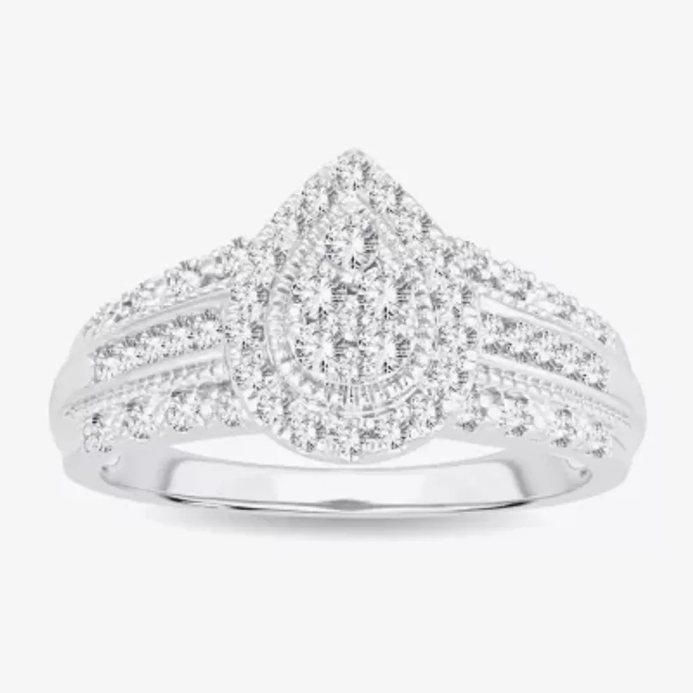 Womens 1/2 CT.T.W. Natural Diamond 10K or 14K White Gold Pear Side Stone Halo Engagement Ring