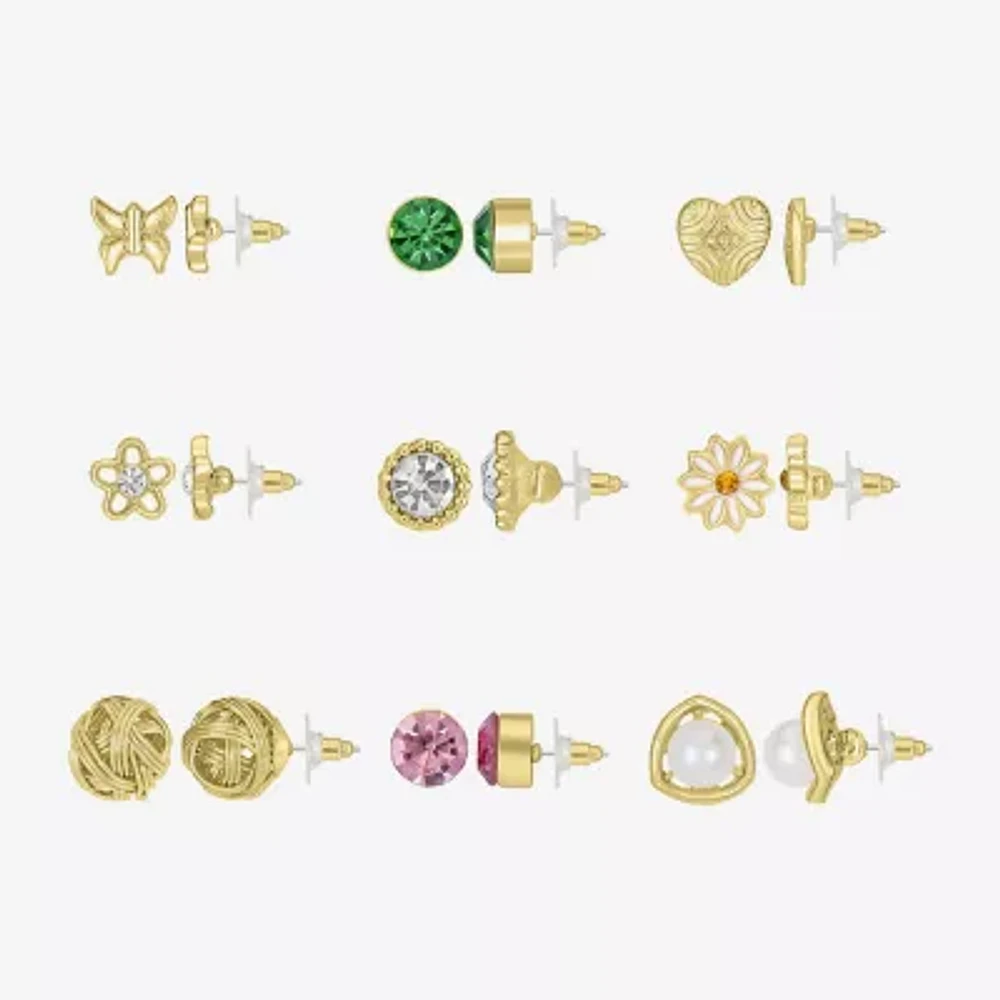 Bijoux Bar Delicates Gold Tone Womens Multi Color Simulated Pearl Butterfly Circle Flower 9 Pair Earring Set