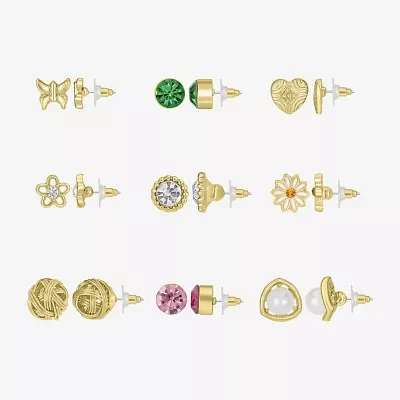 Bijoux Bar Delicates Gold Tone Womens Multi Color Simulated Pearl Butterfly Circle Flower 9 Pair Earring Set