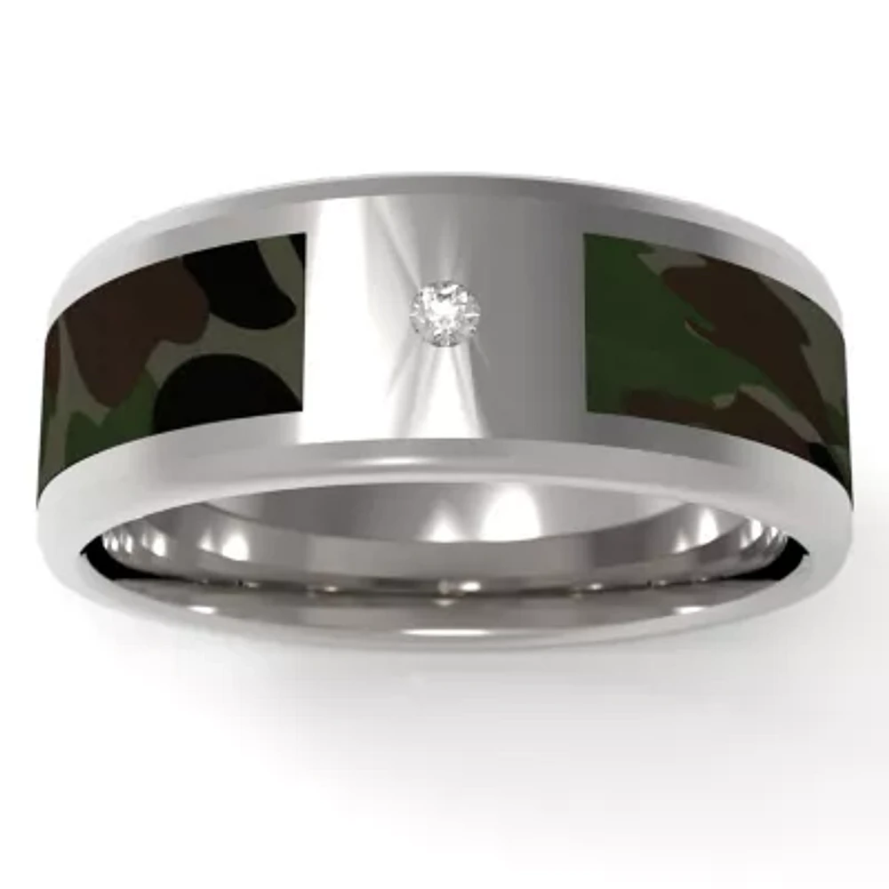 Green Camo Mens 7MM Diamond Accent Natural White Stainless Steel Wedding Band