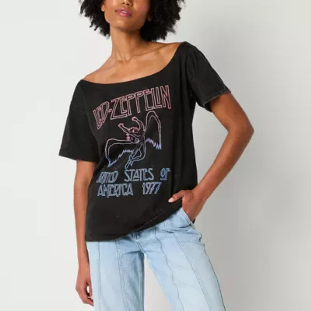 Led Zeppelin Off The Shoulder Oversized Tee Womens Boat Neck Short Sleeve Loose Fit Juniors Graphic T-Shirt
