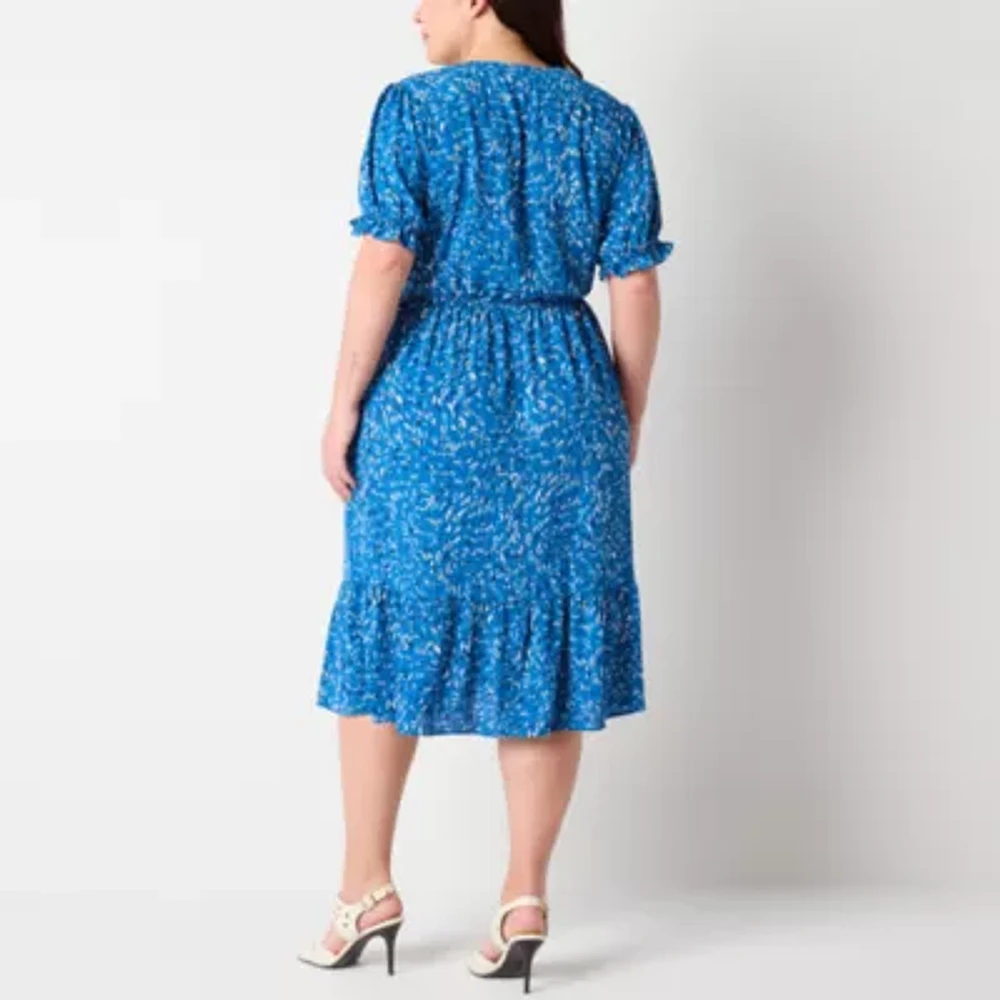 Brannan Womens Short Sleeve Abstract Midi Fit + Flare Dress Plus