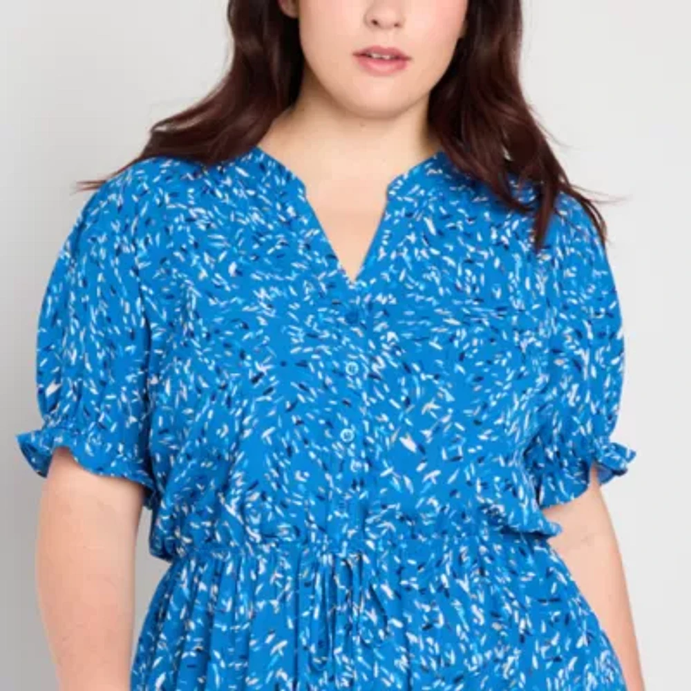 Brannan Womens Short Sleeve Abstract Midi Fit + Flare Dress Plus