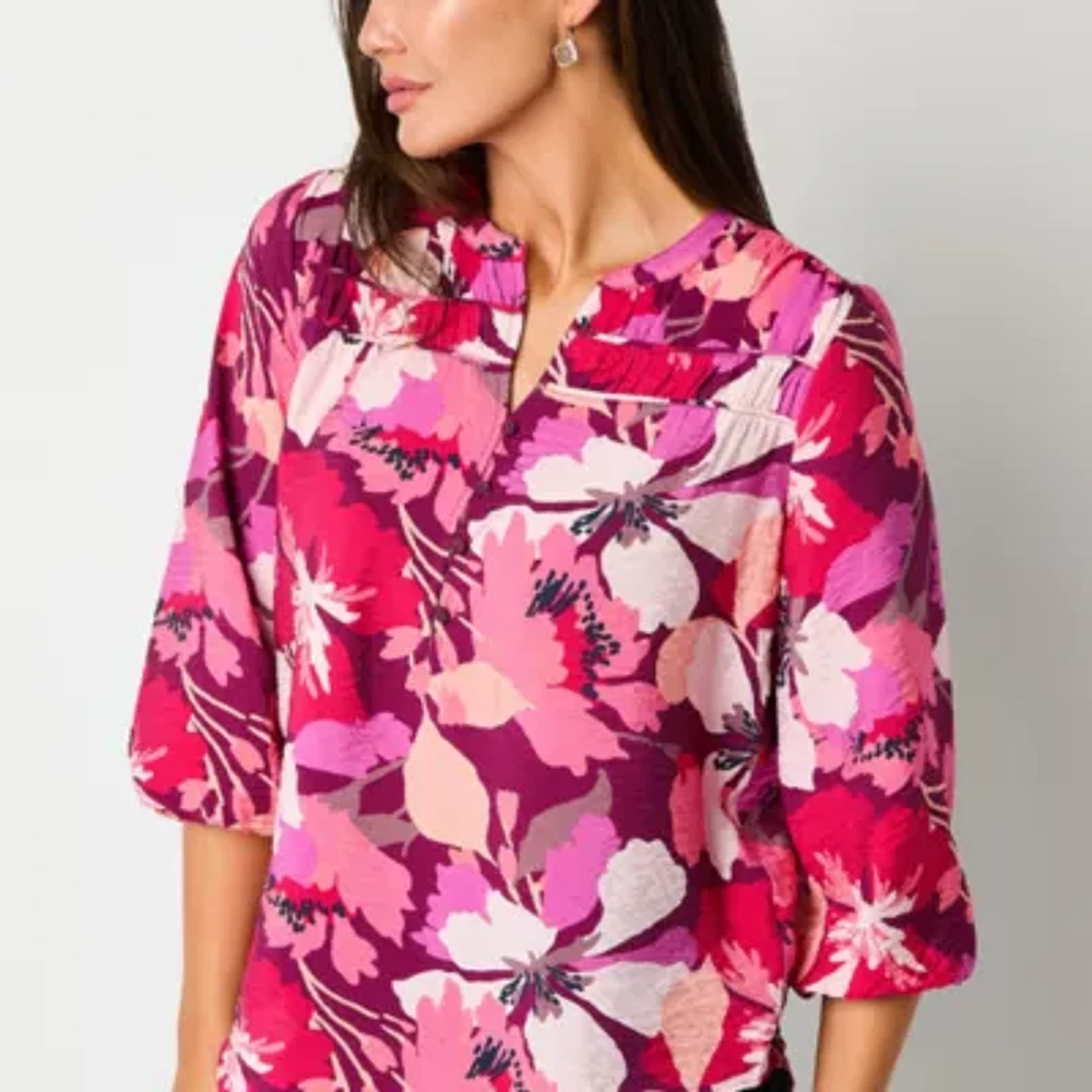 Liz Claiborne Womens Split Crew Neck 3/4 Sleeve Blouse