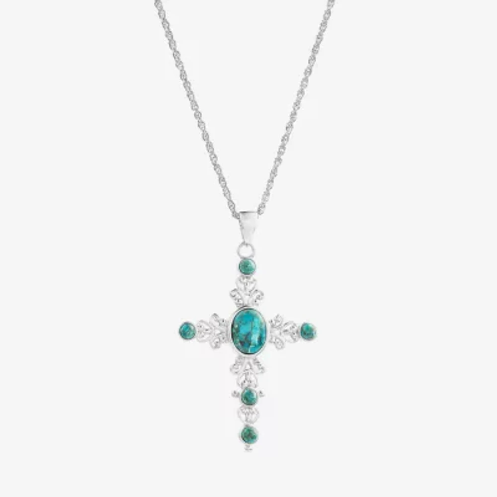 Womens Blue Turquoise Sterling Silver Cross 18 Inch Pendant Necklace