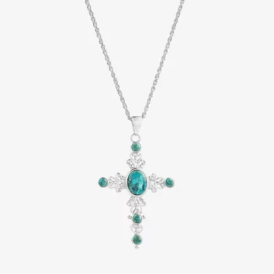 Womens Blue Turquoise Sterling Silver Cross 18 Inch Pendant Necklace