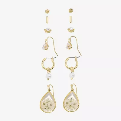 Arizona Gold Tone Stud Huggie & Drop Womens Flower 6 Pair Earring Set