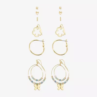 Arizona Gold Tone Stud Huggie & Drop Womens Butterfly Flower 6 Pair Earring Set