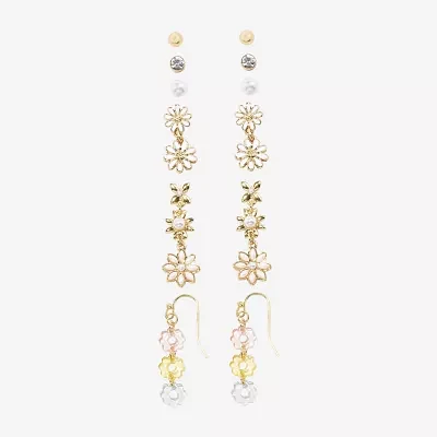 Arizona Gold Tone Stud & Drop Womens Flower 6 Pair Earring Set