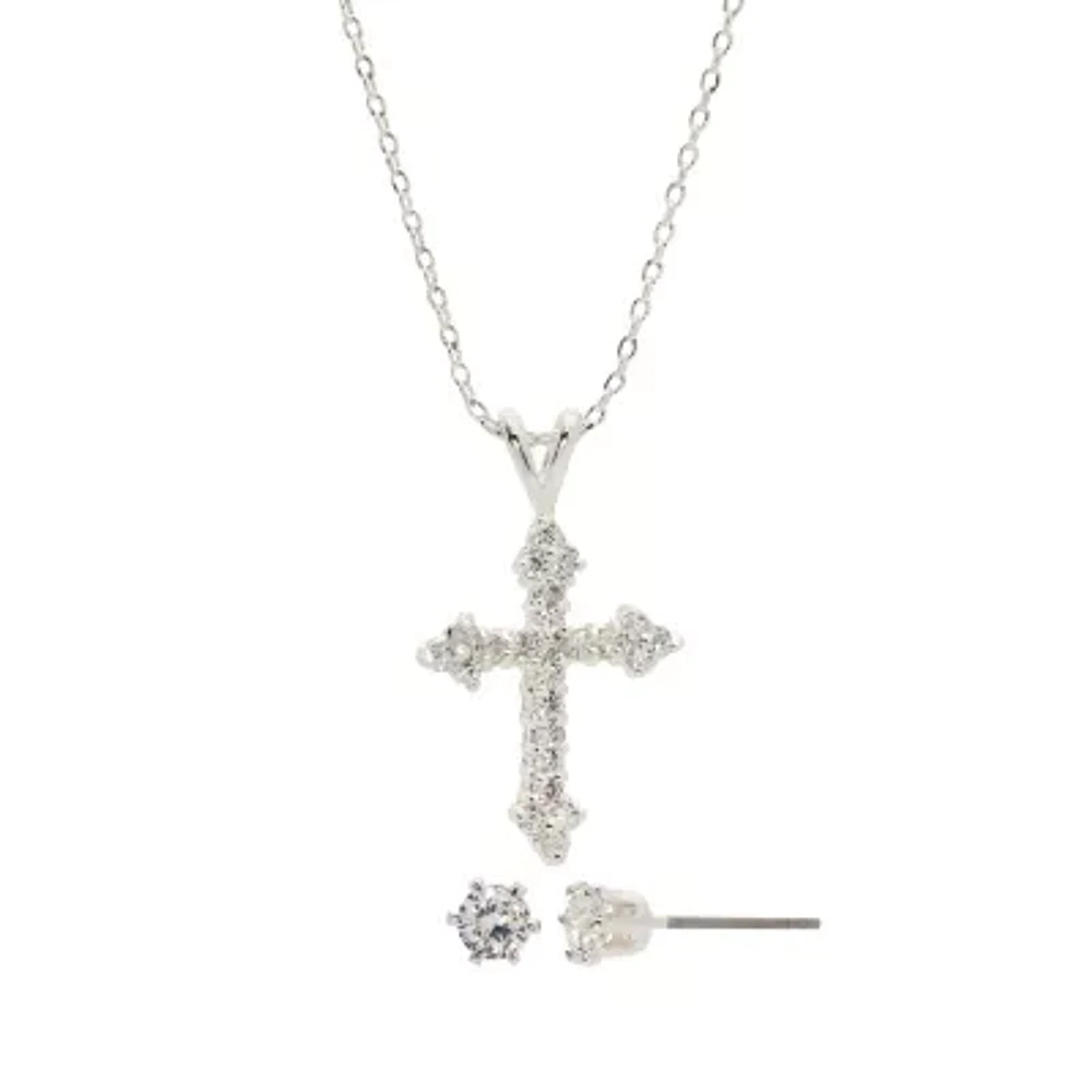 Sparkle Allure Womens 1 1/2 CT. T.W. Cubic Zirconia Pure Silver Over Brass Cross 2-pc. Jewelry Set