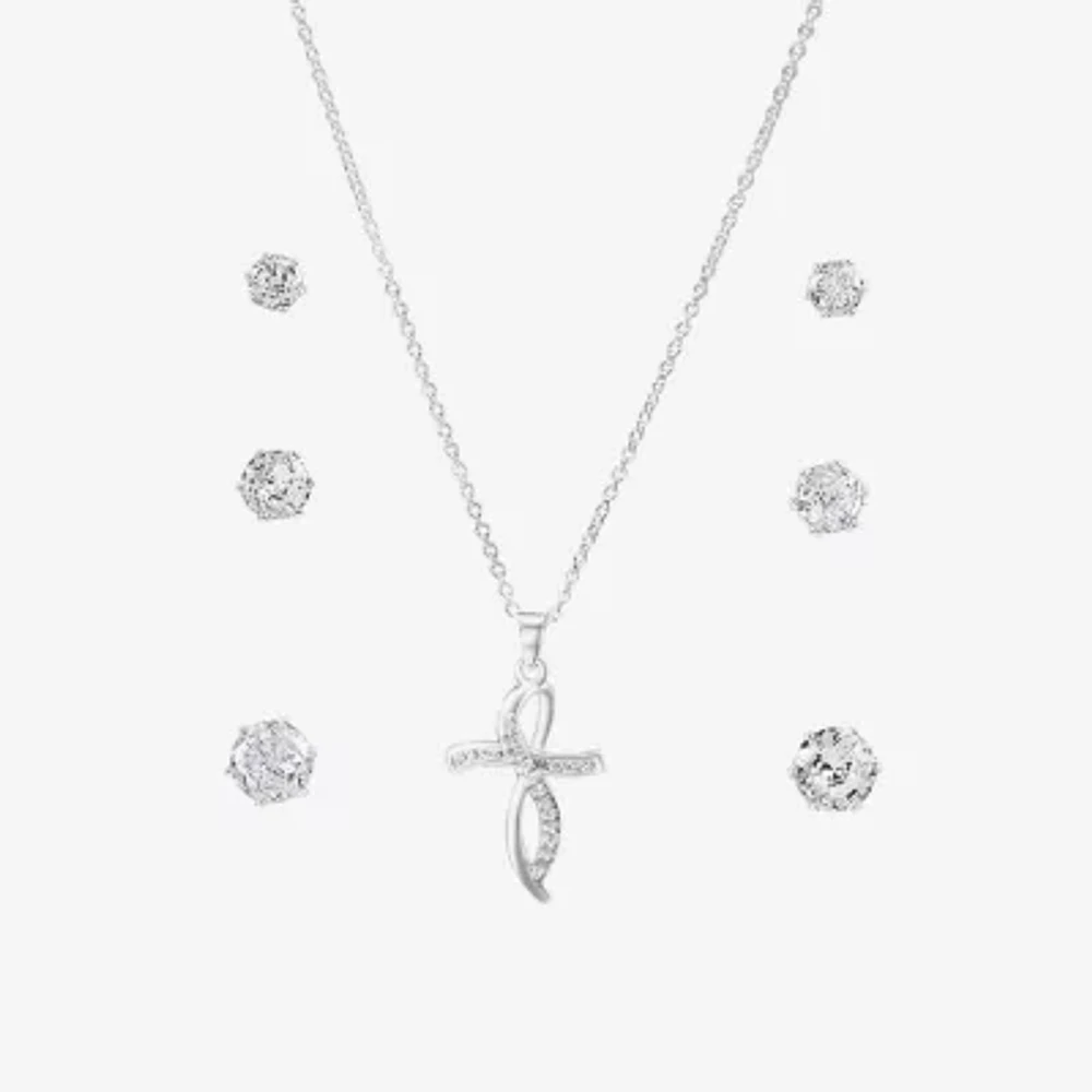 Sparkle Allure Light Up Box Womens Simulated Cubic Zirconia Simulated Pearl Pure Silver Over Brass Cross 4-pc. Jewelry Set