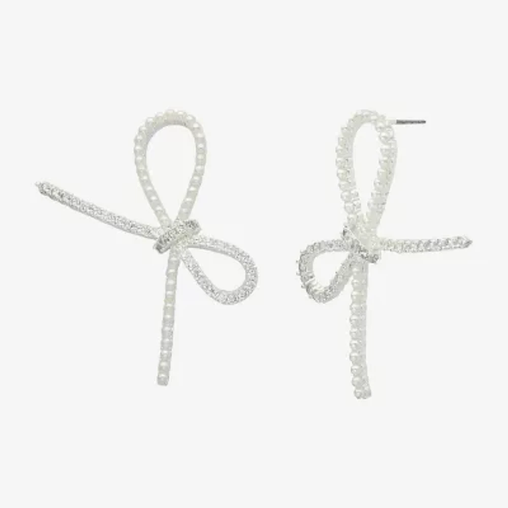 Sparkle Allure Cubic Zirconia Simulated Pearl 25.5mm Bow Stud Earrings