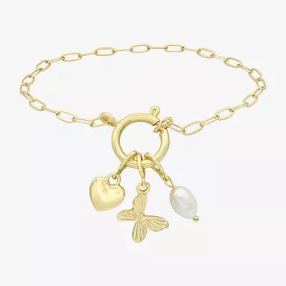 Sparkle Allure Womens White Cultured Freshwater Pearl 14K Gold Over Brass Butterfly Heart Charm Bracelet