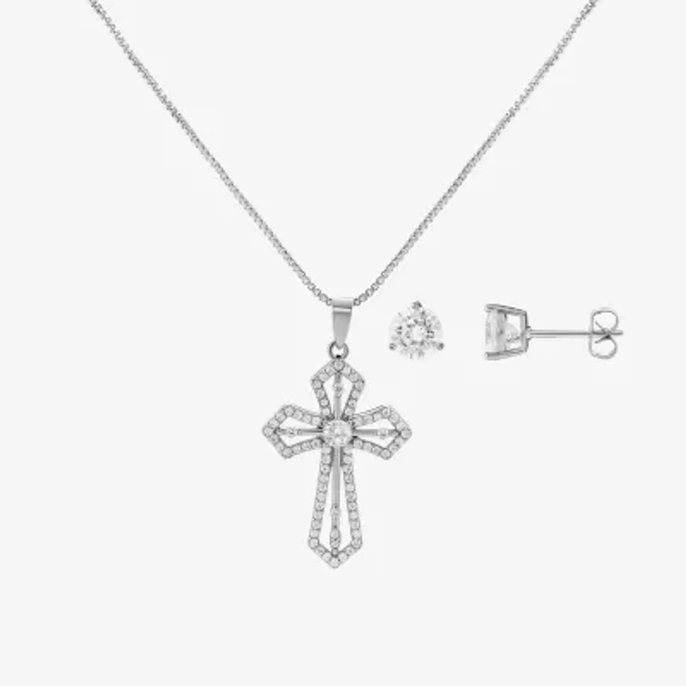 Sparkle Allure Womens Cubic Zirconia Pure Silver Over Brass Cross 2-pc. Jewelry Set