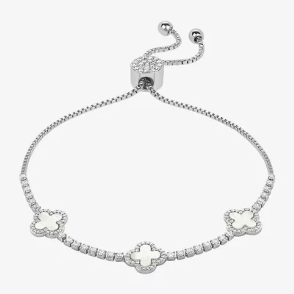 Sparkle Allure Womens White Cubic Zirconia Clover Bolo Bracelet