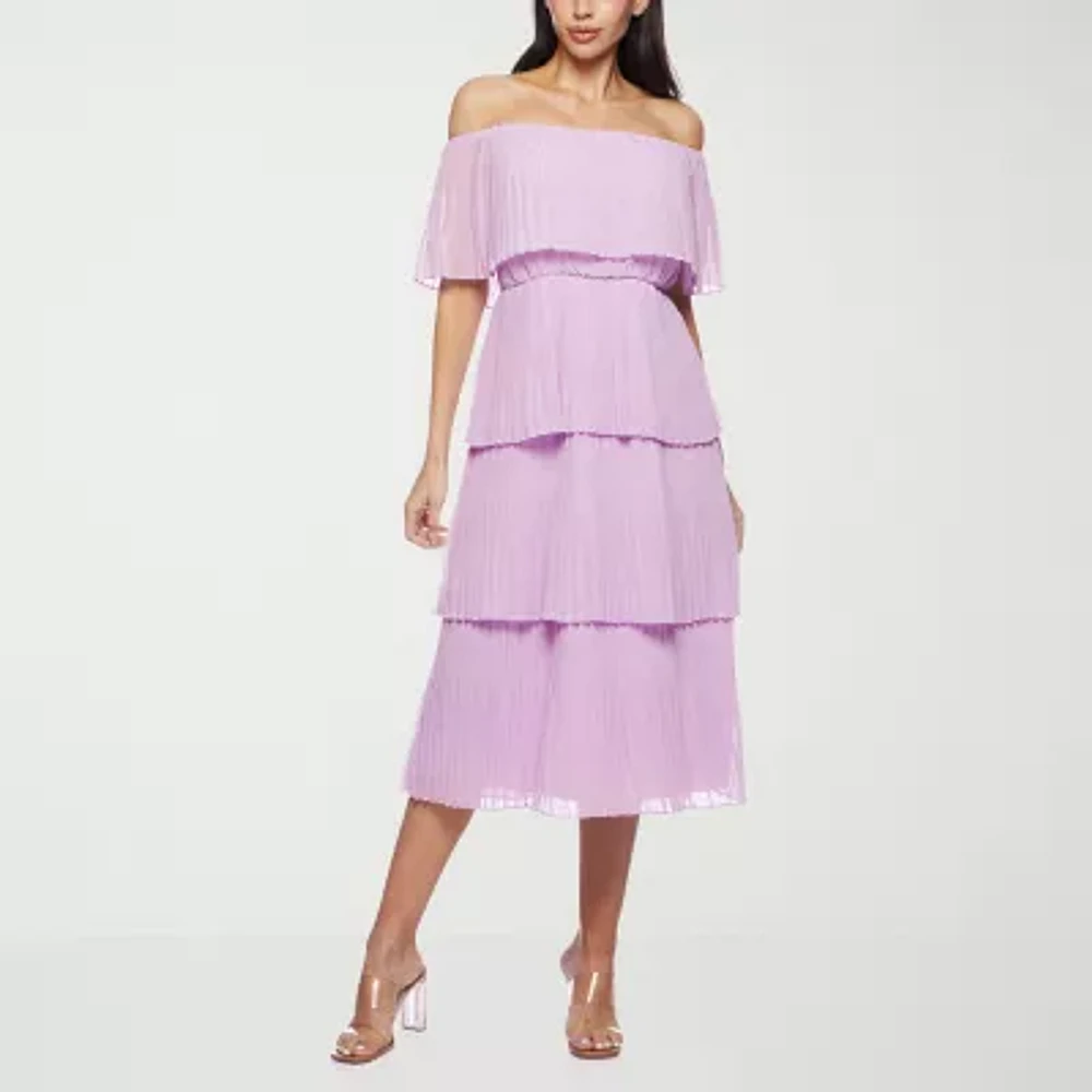 Premier Amour Off The Shoulder Womens Short Sleeve Midi Shift Dress