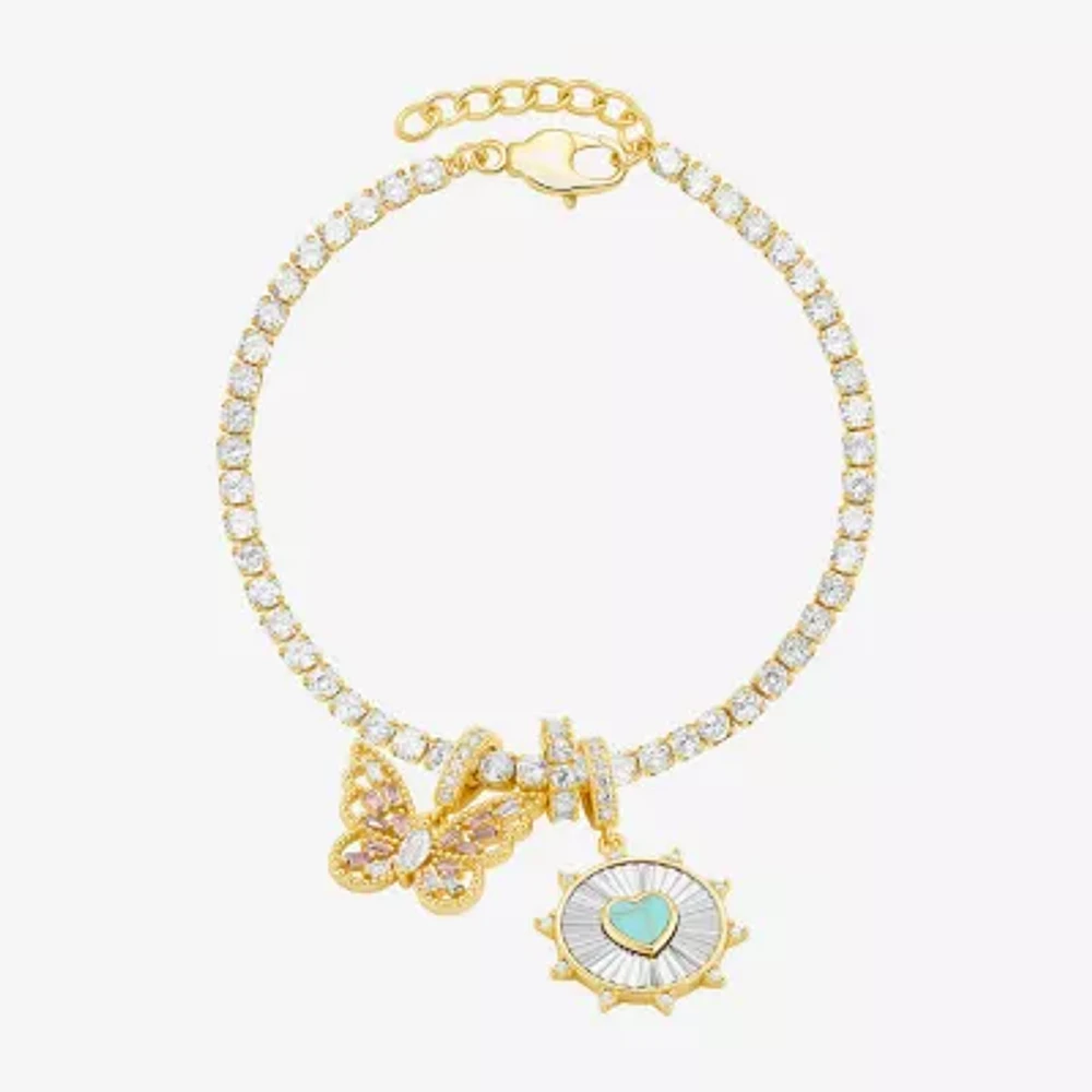 Sparkle Allure Womens Multi Color Cubic Zirconia 14K Gold Over Brass Heart Charm Bracelet