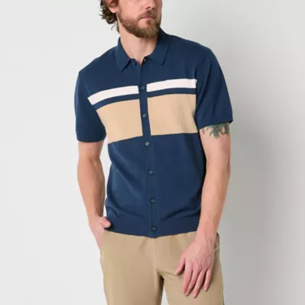 Xersion Button Front Sweater Mens Short Sleeve Active Striped Cardigan