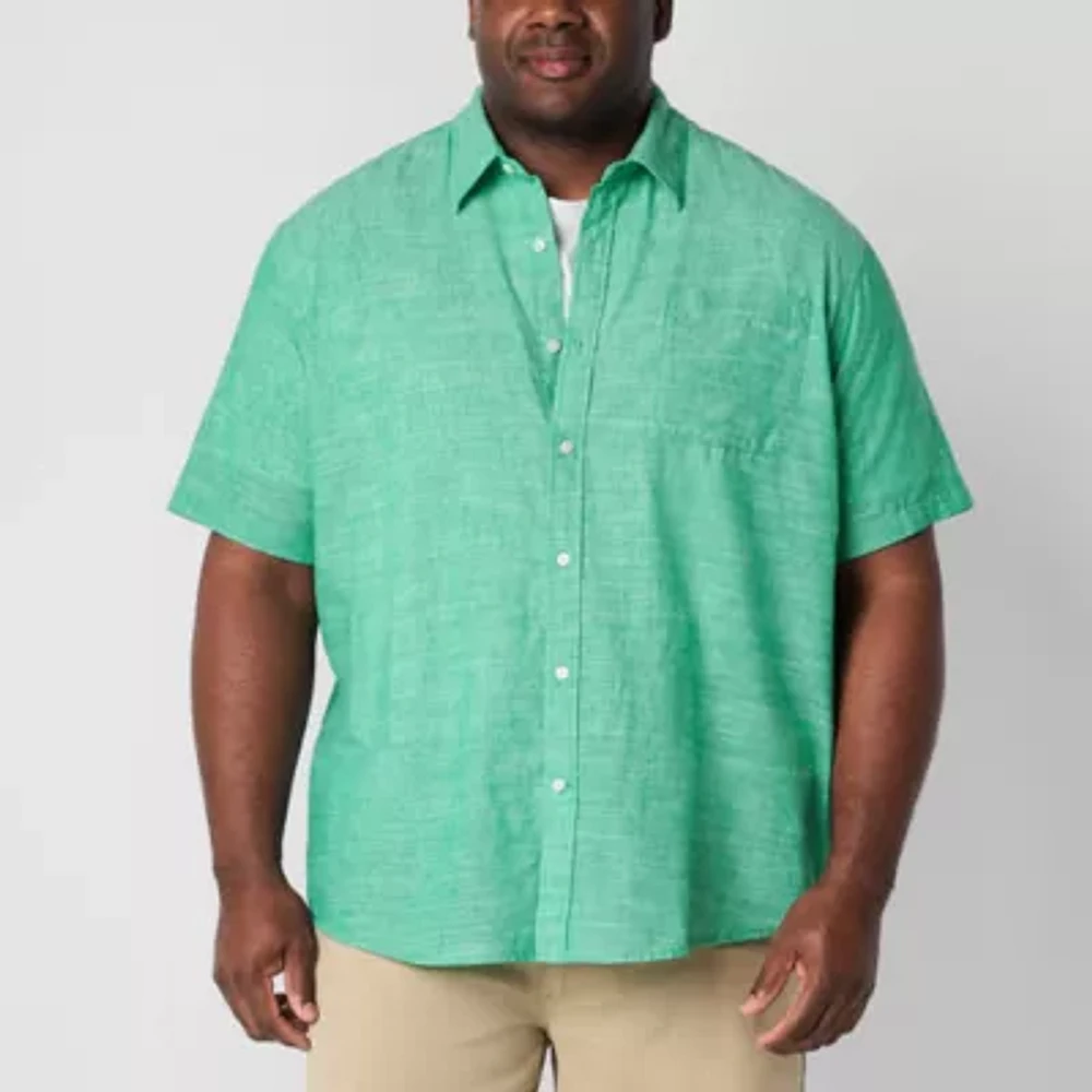 St. John's Bay Linen Blend Mens Short Sleeve Classic Fit Big and Tall Button-Down Shirt