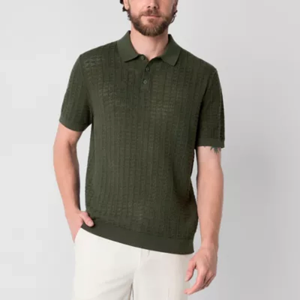 J. Ferrar Textured Mens Short Sleeve Button Polo Sweater