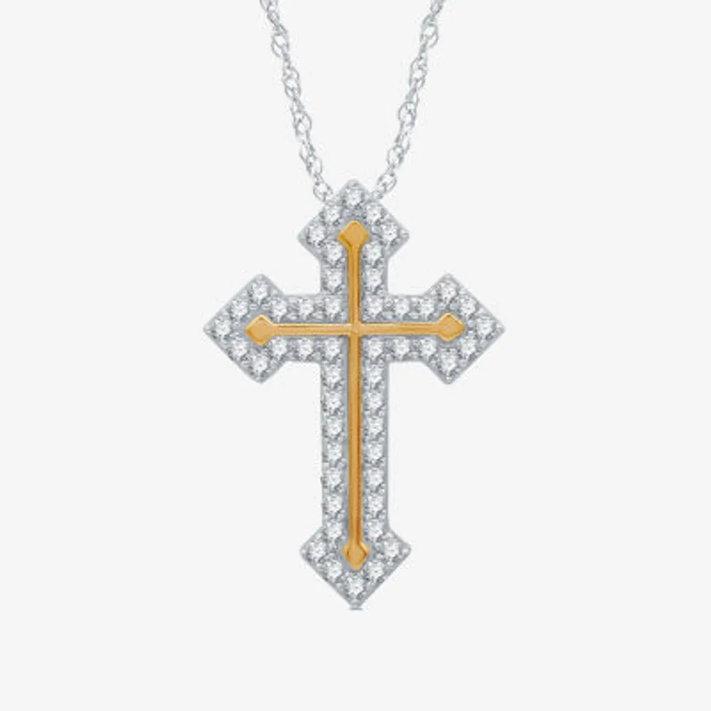 Womens 1 CT. T.W. Natural White Diamond 14K Gold Over Silver Cross 18 Inch Pendant Necklace