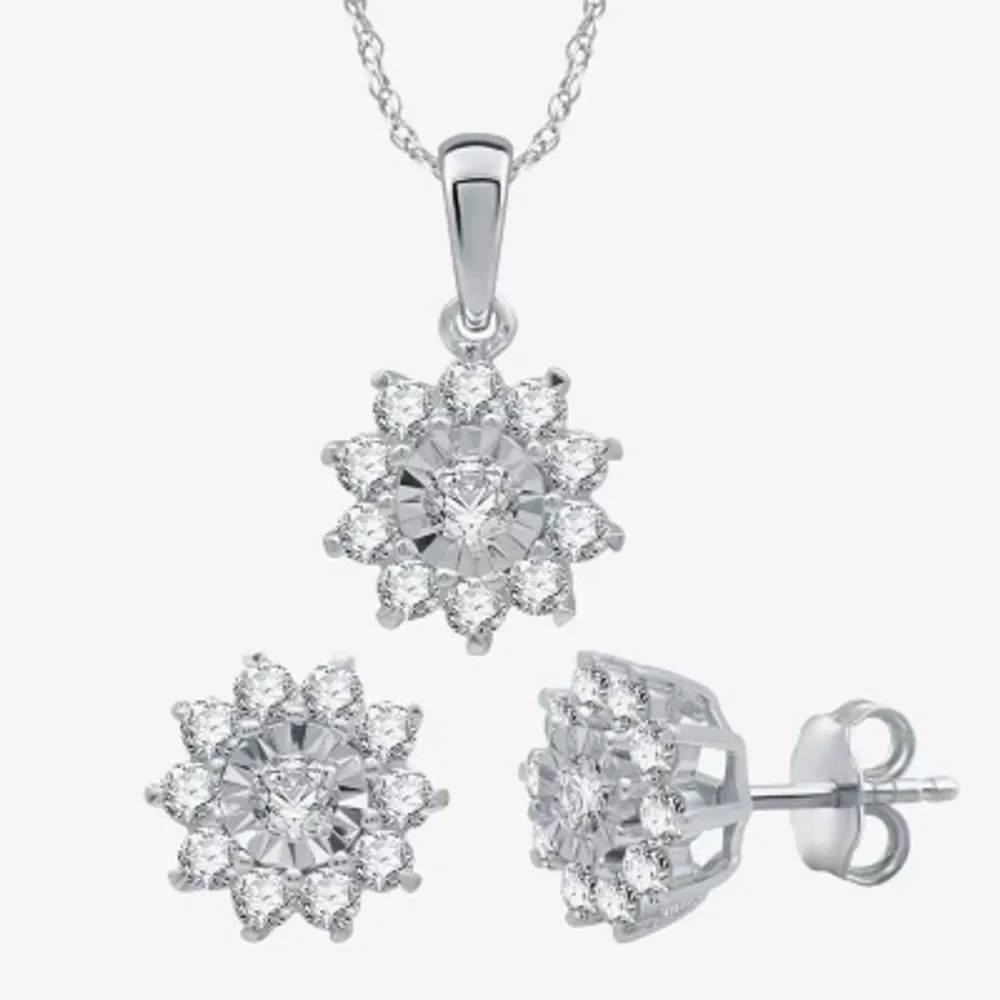 Womens 1 CT. T.W. Natural White Diamond Sterling Silver Flower 2-pc. Jewelry Set