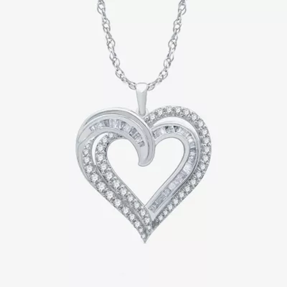 Womens 1 CT. T.W. Natural White Diamond Sterling Silver Heart 18 Inch Pendant Necklace