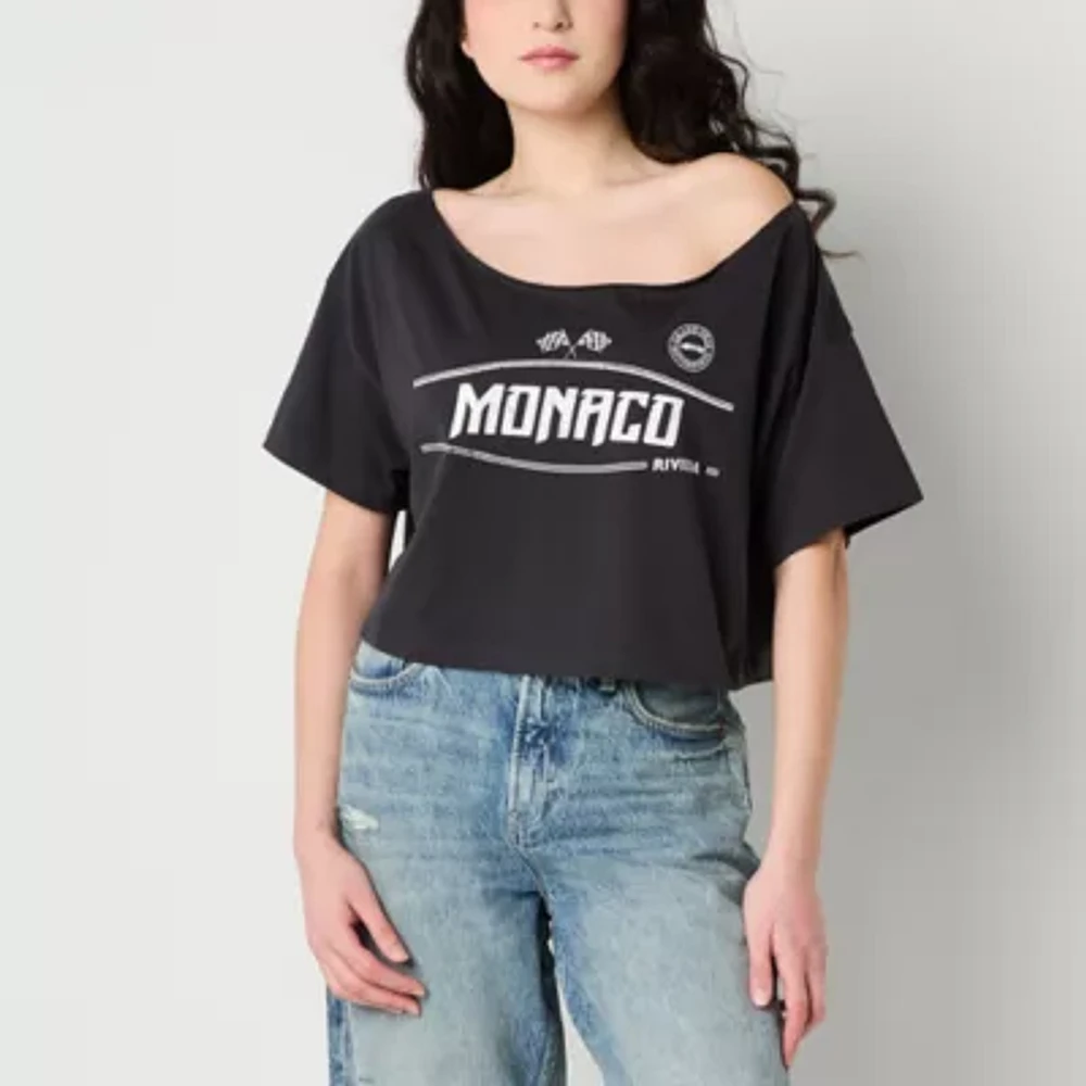 Arizona Off The Shoulder Womens Short Sleeve Relaxed Fit Juniors Graphic T-Shirt